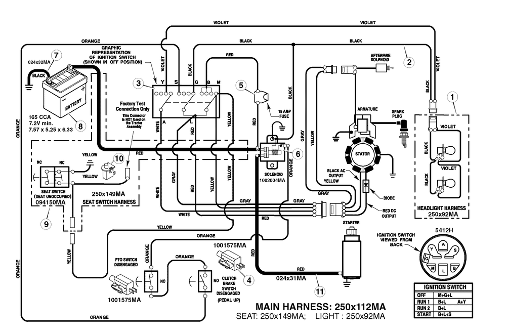 Electrical System - Main Harness 250x112ma Diagram and Parts List for 7800400-ELT22460H 2009 Briggs and Stratton Lawn Tractor